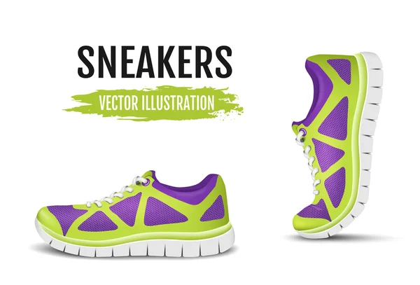 Achtergrond van twee loopschoenen. Kleurrijke sportschoenen voor hardlopen en kleurrijke gebogen sportschoenen voor hardlopen. Vectorillustratie — Stockvector