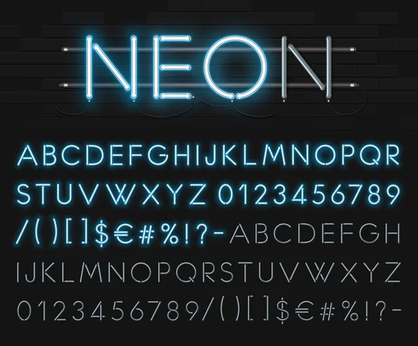 Realistisches Neon-Alphabet auf einem Hintergrund aus schwarzem Backstein. blau leuchtende Schrift. Vektorformat — Stockvektor