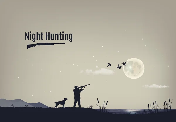 Ilustração vetorial do processo de caça de patos durante a noite. Silhuetas de um cão de caça com o caçador contra o fundo do céu noturno com estrelas e a lua . —  Vetores de Stock