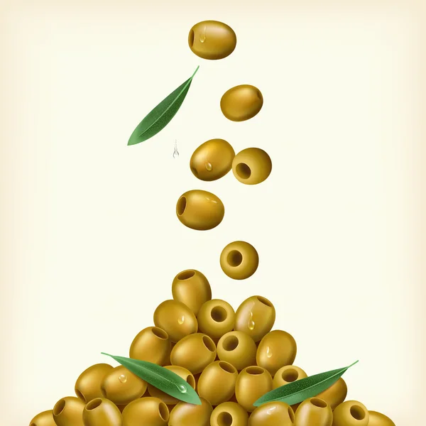 Illustrazione realistica di olive verdi, denocciolate con foglie. Illustrazione vettoriale — Vettoriale Stock