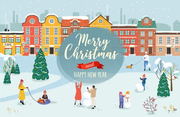 Vector illustration with the congratulation of the Merry Christmas and a happy new year. Winter christmas cityscape with active people, which walk, playing snowballs, making snowman. — Stock Vector