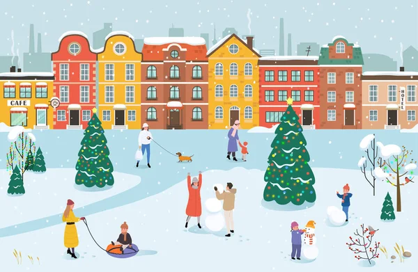 People walk in the park in winter. Men, women and children doing winter activities. Winter cityscape with active people, which walk, playing snowballs, making snowman. Vector illustration. — Stock Vector