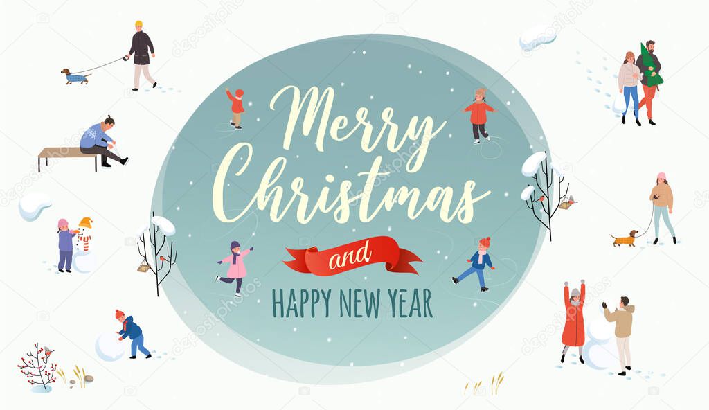 Winter outdoor activities. Winter park with active people, which ice skating, playing snowballs, making snowman. Vector illustration with the congratulation of the Merry Christmas and happy new year.