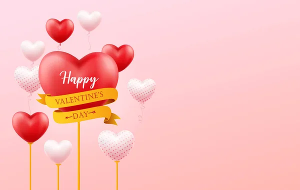 Feliz día de San Valentín banner, volante, cartel, tarjeta de felicitación con espacio para el texto y con globos realistas volando en forma de corazón. Ilustración vectorial — Vector de stock