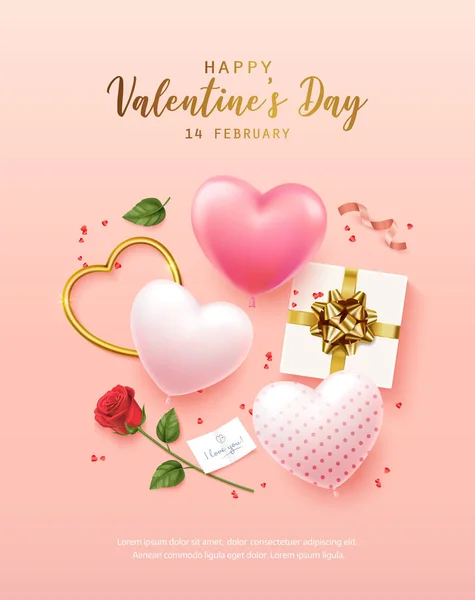 Feliz día de San Valentín con texto caligráfico. Banner, volante, póster, tarjeta de felicitación con elementos de diseño realistas, caja de regalo, corazones de metal, globos en forma de corazón, esparcidos con confeti — Vector de stock