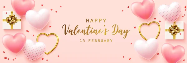 Feliz día de San Valentín con texto caligráfico. Banner horizontal para el sitio web. Fondo romántico con elementos de diseño realistas, caja de regalo, corazones de metal, globos en forma de corazón — Vector de stock