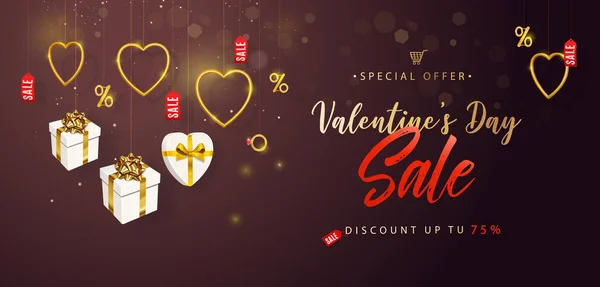 Valentines Day Sale. Horizontal banner, flyer, poster, with realistic design elements, gift box, metal golden hearts. Promotion and shopping template or romantic background Stock Vector