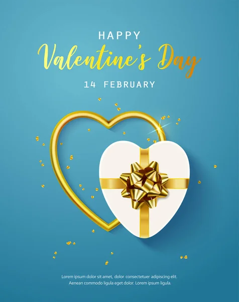 Boldog Valentin-napot Banner, szórólap, poszter, üdvözlőlap realisztikus design elemekkel, ajándékdoboz, fém szívek, konfettivel szórva. Romantikus háttér — Stock Vector