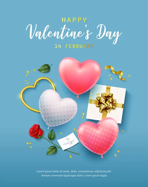 Feliz día de San Valentín Banner, volante, cartel, tarjeta de felicitación con elementos de diseño realistas, caja de regalo, corazones de metal, globos en forma de corazón, esparcidos con confeti. Fondo romántico — Vector de stock