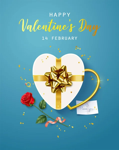 Happy Valentines Day. Banner, flyer, poster, greeting card with realistic design elements, gift box, metal hearts,rose, strewn with confetti. Romantic background Royalty Free Stock Vectors