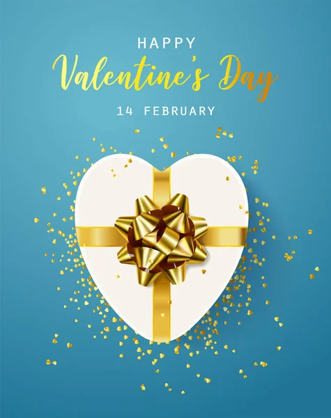 С Днем Святого Валентина. флаер, плакат, поздравительная открытка с реалистичной подарочной коробкой в форме сердца с золотым бантом, усыпанной конфетти. Романтический фон Стоковый вектор