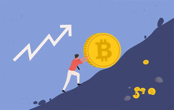 Bitcoin upward growth. Miner lifts up a big bitcoin coin uphill, upward trend concept. Crypto currency. Vector illustration Vector Graphics