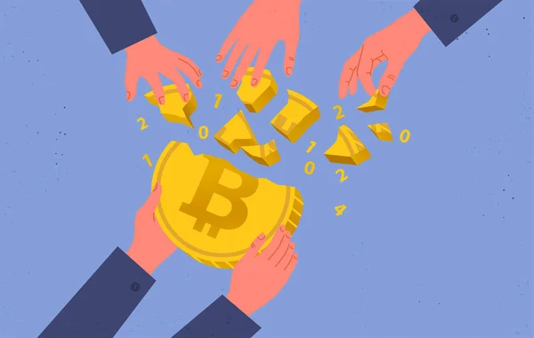 Bitcoin alıp satmak, kripto para piyasasında Hype, bitcoin için çılgınca bir talep, boğa gibi duygular, başarılı bir yatırım. Madencinin elinde büyük bitcoin Stok Vektör