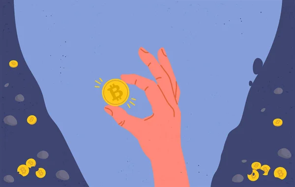 Glowing bitcoin coin in miners hand. Flat cartoon illustration Royalty Free Stock Vectors