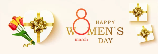 Buon Womens Day banner orizzontale per il sito web. Cartolina dell '8 marzo. Sfondo romantico con elementi di design realistici, confezione regalo, palloncini a forma di cuore e tulipani bouquet. — Vettoriale Stock