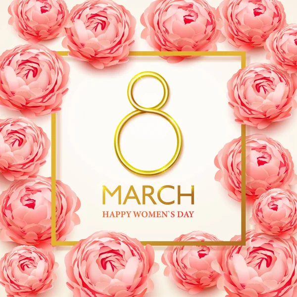 8 de marzo. Tarjeta de felicitación Happy Womens Day con flores realistas de peonías rosadas. Postal el 8 de marzo. Ilustración vectorial — Archivo Imágenes Vectoriales