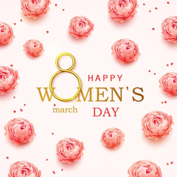 Happy Womens Day ευχετήρια κάρτα με ρεαλιστικά ροζ λουλούδια παιώνιες φόντο. Ταχυδρομική κάρτα στις 8 Μαρτίου. Εικονογράφηση διανύσματος Διάνυσμα Αρχείου