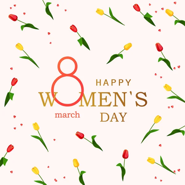 Happy Womens Day ευχετήρια κάρτα με φόντο τουλίπες. Ταχυδρομική κάρτα στις 8 Μαρτίου με λουλούδια. Εικονογράφηση διανύσματος Royalty Free Εικονογραφήσεις Αρχείου