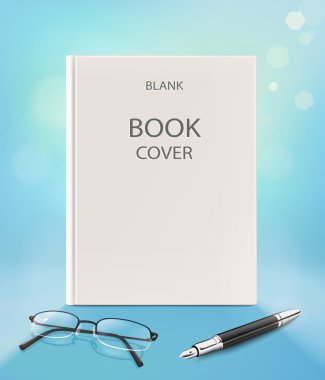 Blank vertical book cover, on a blue backgraund with glasses and pen. Vector illustration