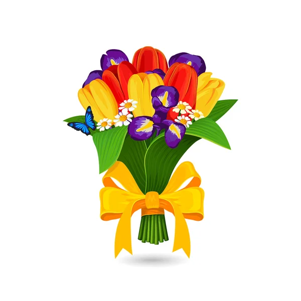 Vector bouquet of red, yellow tulip and blue irises — Stok Vektör