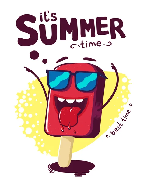 Cartel de la hora de verano, divertido personaje de dibujos animados helado. Ilustración vectorial — Vector de stock