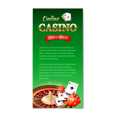 Casino background. Vertical banner, flyer, brochure on a casino theme with roulette wheel, game cards and dice. Vector illustration 