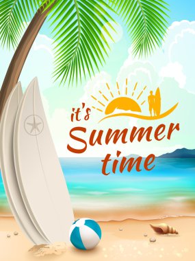 Summer background - surfboard on against beach and waves. Vector illustration