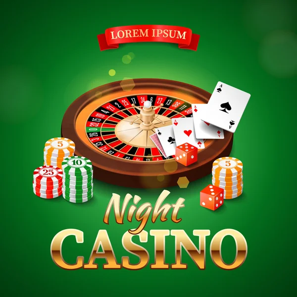 Casino background with roulette wheel, chips, game cards and dice. Vector illustration — Stok Vektör