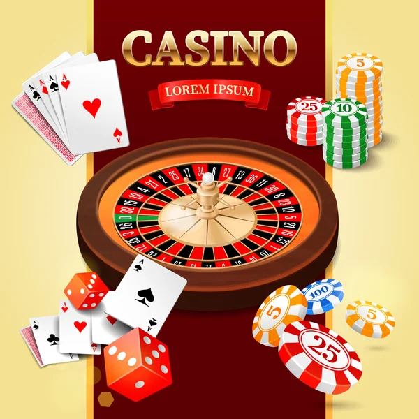 Casino background with roulette wheel, chips, game cards and craps. Vector illustration