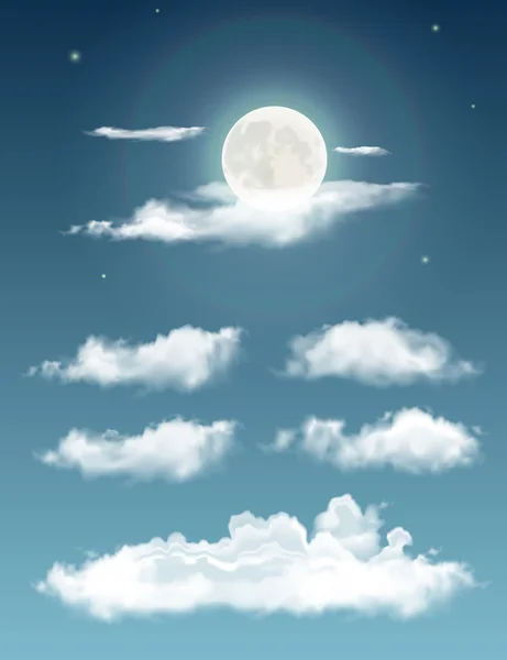 Transparent realistic clouds. Night sky with moon and clouds — Stockový vektor