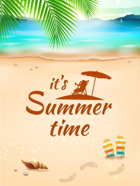 Summer Time on background seascape, beach, waves with realistic objects. Vector Illustration — Stock vektor