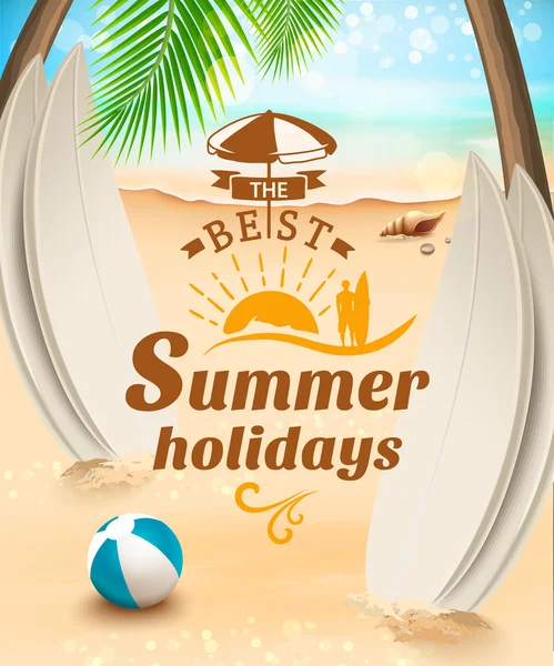 Fundo de férias de verão - prancha contra praia e ondas. Ilustração vetorial — Vetor de Stock
