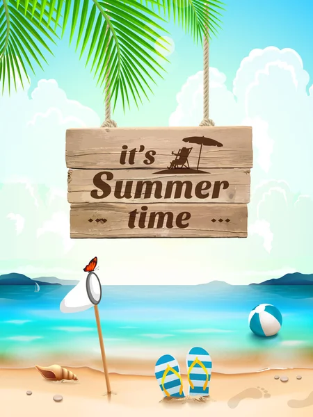 Summer Time on background seascape, beach, waves with realistic objects. Vector Illustration — 스톡 벡터