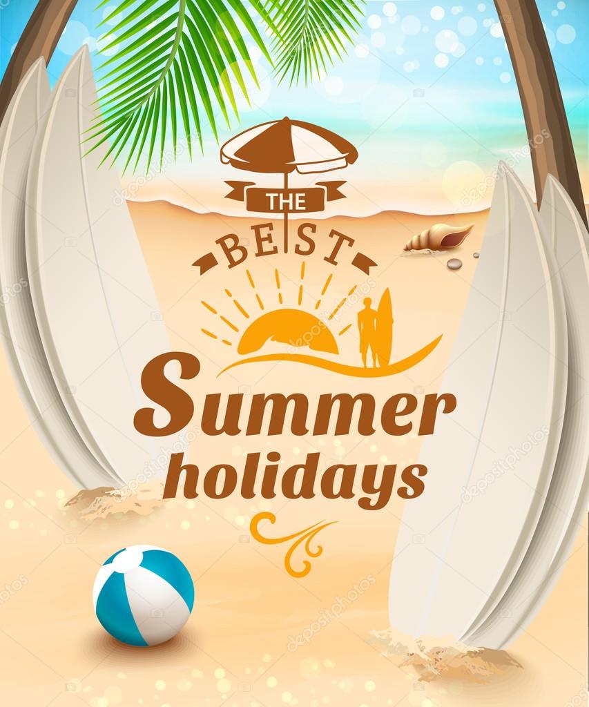 Summer holidays background - surfboard on against beach and waves. Vector illustration
