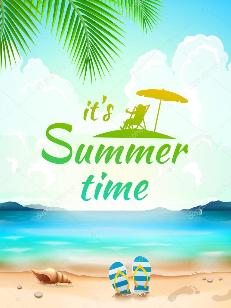 Summer Time on background seascape, beach, waves with realistic objects. Vector Illustration
