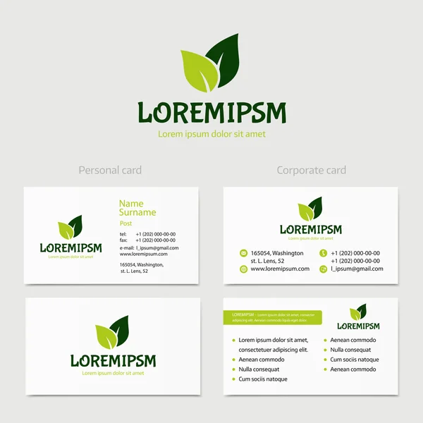 Abstract vector green leaves, logotype concept isolated with business card template. Key ideas is health, beauty, medicine, nature, spa. — Διανυσματικό Αρχείο