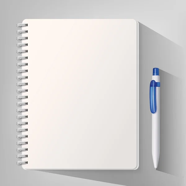 Quaderno con penna a sfera bianca. Illustrazione vettoriale — Vettoriale Stock