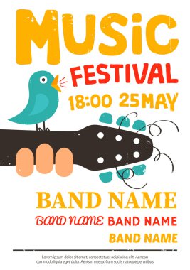 Müzik Festivali afiş, el ilanı bir gitar bir kuş şarkı