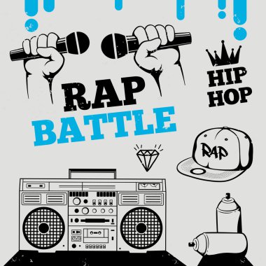 Rap Savaşı, hip-hop, breakdance müzik simgeler öğeleri. İzole vektör çizim