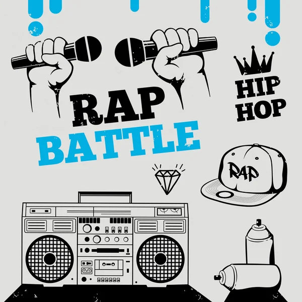 Rap battle, hip-hop, breakdance music icons, elements. Isolated vector illustration — Stock Vector