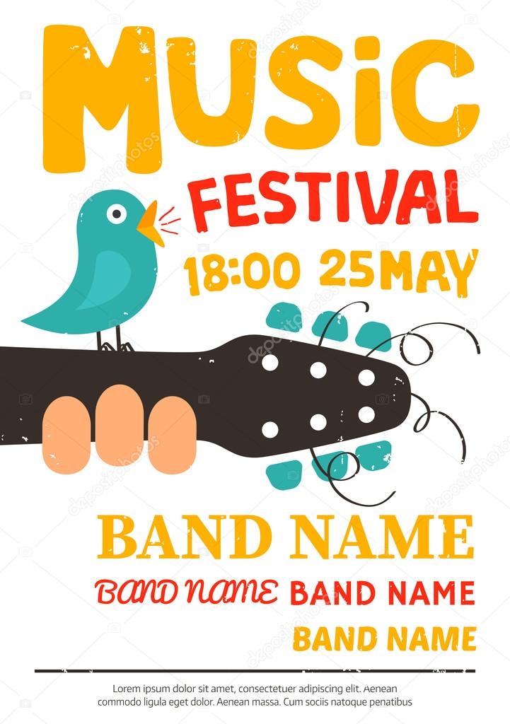 Music festival poster, flyer with a bird singing on a guitar