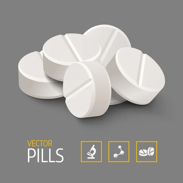 Pillole realistiche su sfondo grigio. Illustrazione vettoriale — Vettoriale Stock