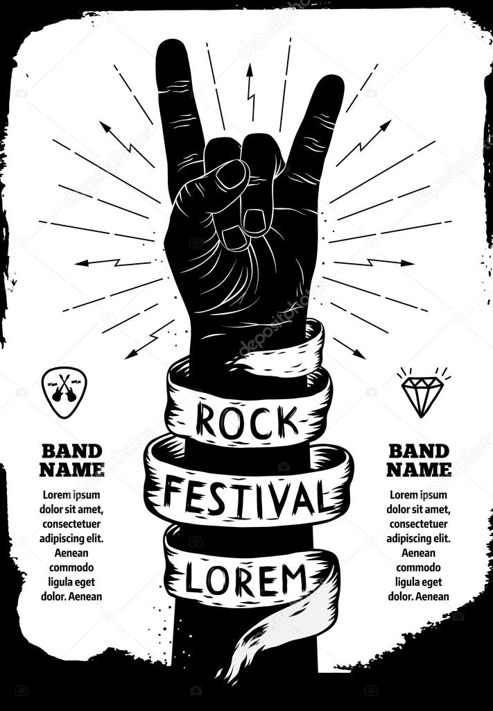 Rock festival poster. Rock and Roll hand sign