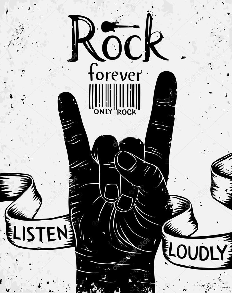 Vintage label with rock forever. Rock and Roll hand sign