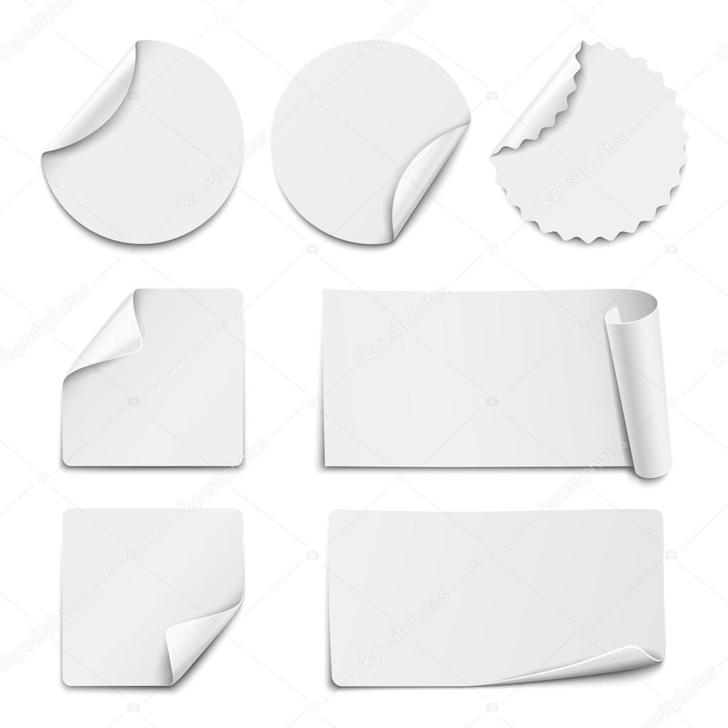 Set of white paper stickers on white background. Vector illustration