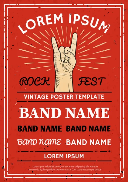 Vintage Rock Festivali afiş, el ilanı Rock and Roll el işareti ile — Stok Vektör