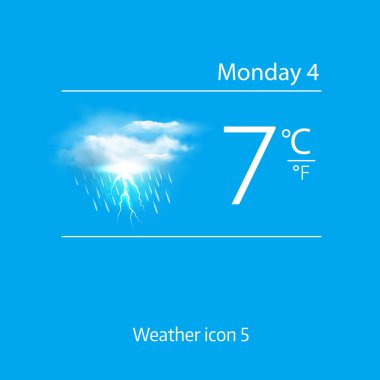 Gerçekçi weather simge - bulut şiddetli yağmur ve yıldırım ile. Vektör çizim