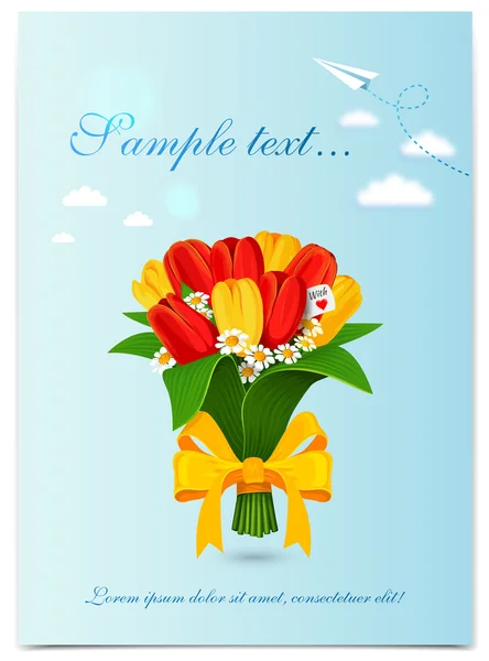 Wenskaart met boeket spring tulpen. Vectorillustratie — Stockvector