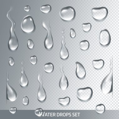 Realistic drops pure, clear water on light gray background. Isolated vector clipart