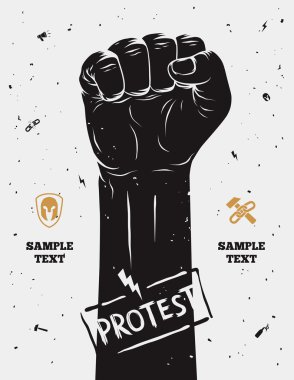 Poster, yükseltilmiş yumruk protesto etmek için düzenlenen protesto. Vektör çizim